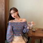 Off-shoulder Plaid Ruffle-trim Blouse As Shown In Figure - One Size