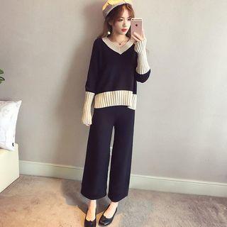 Set: Two-tone Sweater + Wide-leg Pants Set - As Shown In Figure - One Size
