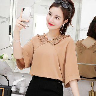 Ruffle Trim Elbow-sleeve Chiffon Top