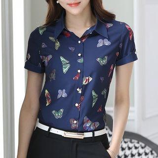 Butterfly Print Short-sleeve Chiffon Blouse