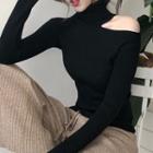 Turtleneck Asymmetric Cutout Long-sleeve Knit Top