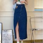 High Waist Asymmetrical Denim Midi A-line Skirt