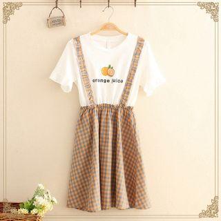 Orange Print Gingham Panel Dress