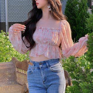 Puff-sleeve Square Neck Ruffled Chiffon Blouse
