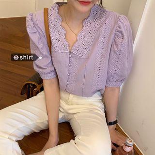 Short-sleeve Lace Panel Blouse Purple - One Size