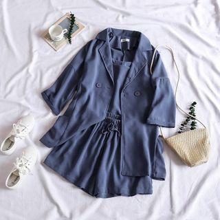 Set: Notch Lapel Short-sleeve Shirt + Camisole + Shorts