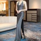 Halter-neck Glitter Midi Sheath Evening Gown