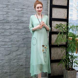 3/4-sleeve Embroidered Sheer Overlay Midi Dress