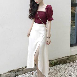 Square Neck Short-sleeve Top / Midi A-line Skirt