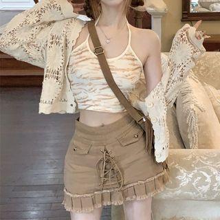 Halter Crop Top / Light Cardigan / Denim Mini Skirt