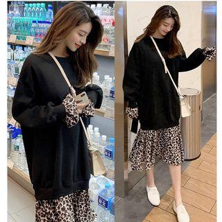 Mock Two-piece Long-sleeve Midi Sweatshirt Dress Black - One Size