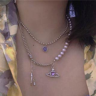 Rhinestone Heart Pendant Necklace 1pc - Silver & White & Purple - One Size