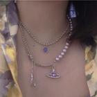 Rhinestone Heart Pendant Necklace 1pc - Silver & White & Purple - One Size