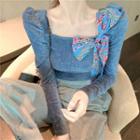 Square-neck Ribbon Top Blue - One Size