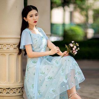Embroidered A-line Midi Dress