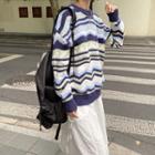 Long-sleeve Patterned Knit Sweater Blue - One Size