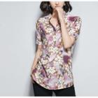 Short-sleeve Floral Print Henley Top