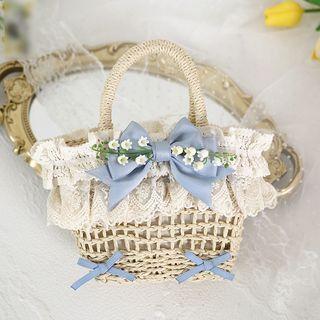 Lace Trim Straw Hand Bag