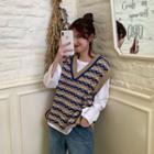 V-neck Pattern Knit Vest Blue - One Size