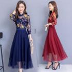 3/4-sleeve Floral Lace Paneled A-line Midi Dress