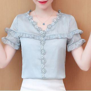 Ruffle Trim Flower Applique Chiffon Top