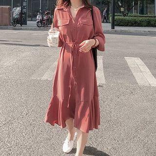 3/4-sleeve Plain Midi Shirt Dress