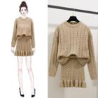 Set: Cable-knit Crew-neck Sweater + Ruffle Hem Mini Skirt