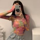 Set: Long-sleeve Tie Dye Crop Top + Camisole Top Pink & Green & Yellow - One Size