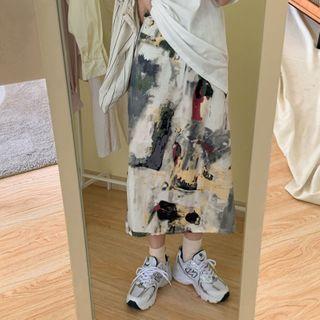 Short-sleeve Water Print T-shirt / Printed Midi A-line Skirt