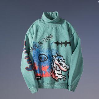 Mock-neck Cartoon Print Pullover