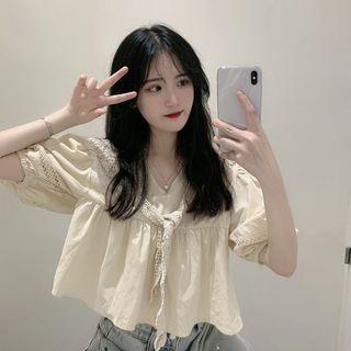 Puff-sleeve V-neck Tie-front Blouse