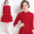 3/4-sleeve Sequined Tweed Pleated A-line Dress
