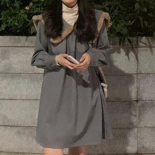Long-sleeve Collared A-line Dress Gray - One Size