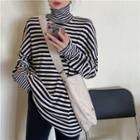Long-sleeve Turtle-neck Striped T-shirt As Shown In Figure - One Size
