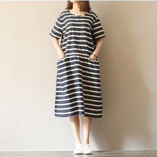 Striped Short-sleeve A-line Midi Dress