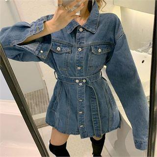 Denim Mini Shirtdress With Sash Blue - One Size