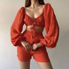 Set: Long-sleeve V-neck Crop Top + High Waist Shorts
