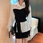 Long-sleeve Plain Shirt / Tie-side Strapless Cropped Top