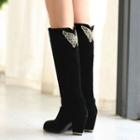 Chunky Heel Rhinestone Butterfly Knee-high Boots