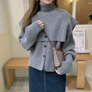 Set: Plain Cardigan + Turtleneck Knit Shawl