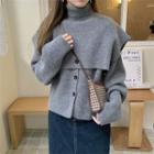 Set: Plain Cardigan + Turtleneck Knit Shawl