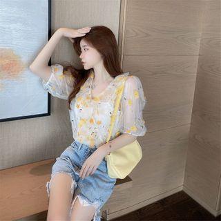 Set: Balloon-sleeve Floral Applique Chiffon Blouse + Camisole Top Blouse & Camisole Top - One Size