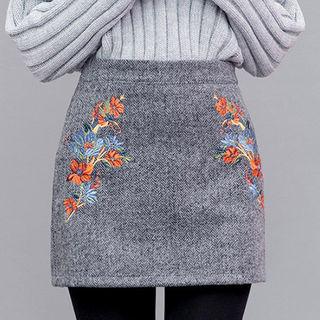 Flower-embroidered Herringbone Mini Skirt