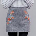 Flower-embroidered Herringbone Mini Skirt
