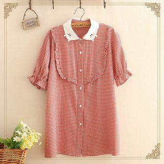 Short-sleeve Frill Trim Plaid Shirt