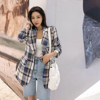 1-button Linen Blend Plaid Blazer Blue - One Size