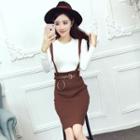 Set: Plain Long-sleeve Knit Top + Suspender Skirt
