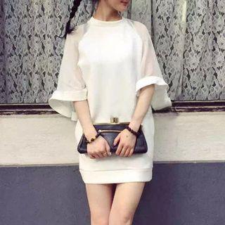 Chiffon Panel Elbow-sleeve Shift Dress