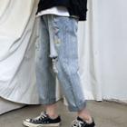 Flower Embroidered Distressed Cropped Straight Leg Jeans