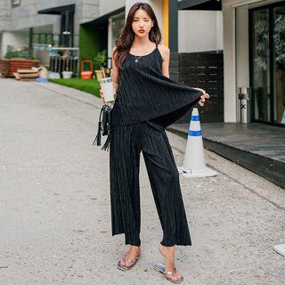 Set: Sleeveless Accordion-pleat Satin Top + Wide-leg Pants